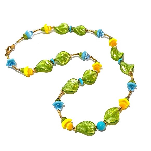 Handmade Green Petal Yellow & Blue Floral Swarovski crystal & Turquoise Necklace - Picture 1 of 7